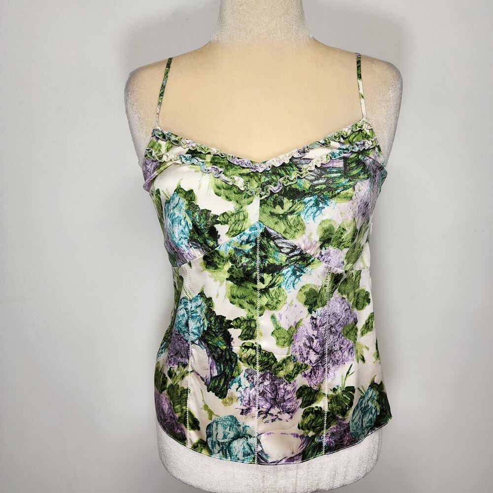 Ann Taylor Floral Silk Blend Tank Cami Blouse Size 8 Lined Ruffle V-neck Fairy